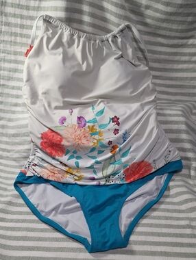 Jantzen White Floral Tankini Top with Teal Blue Briefs